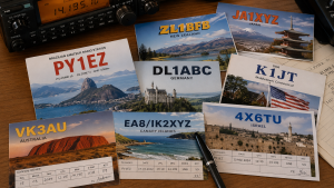 Cartões QSL internacionais sobre mesa ao lado de rádio transceptor de radioamador.