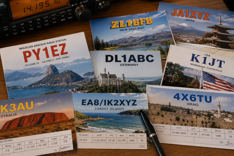 Cartões QSL internacionais sobre mesa ao lado de rádio transceptor de radioamador.