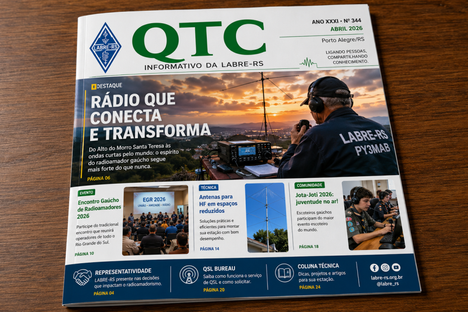 Capa ilustrada do boletim QTC da LABRE-RS com destaque para radioamador operando estação ao pôr do sol em Porto Alegre.