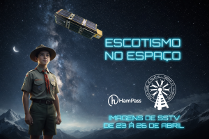 Escoteiro sob o céu estrelado observando um satélite em órbita, simbolizando a união entre juventude, ciência e aventura.