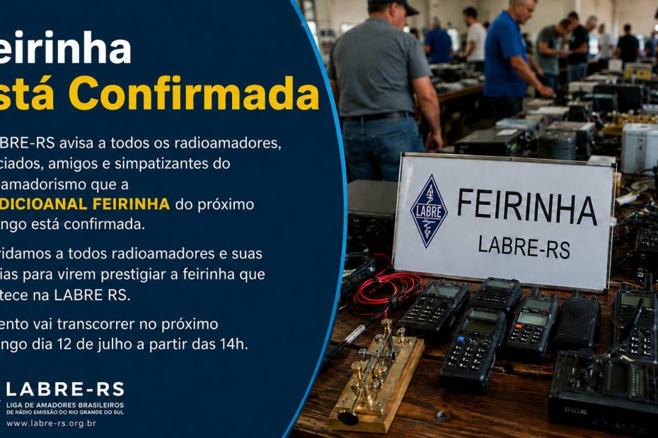 Imagem com anúncio da Feirinha LABRE-RS confirmada, acompanhada de fotografia de rádios e acessórios de radioamadorismo.