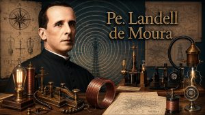 Padre Landell de Moura cercado por equipamentos de rádio.