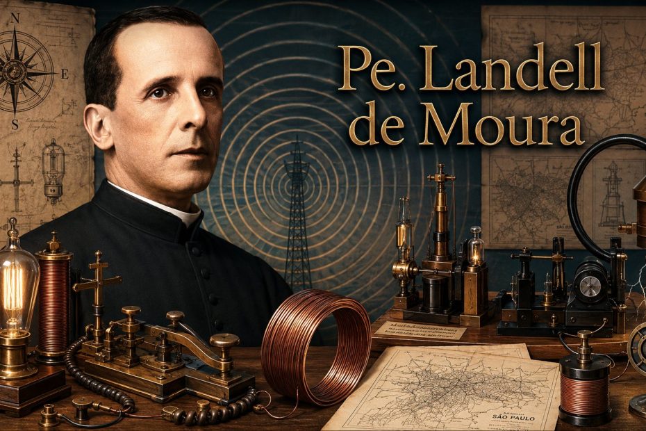 Padre Landell de Moura cercado por equipamentos de rádio.