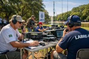 Grupo de radioamadores realiza demonstração de comunicação via rádio ao ar livre, com antenas e transceptores instalados em área verde.