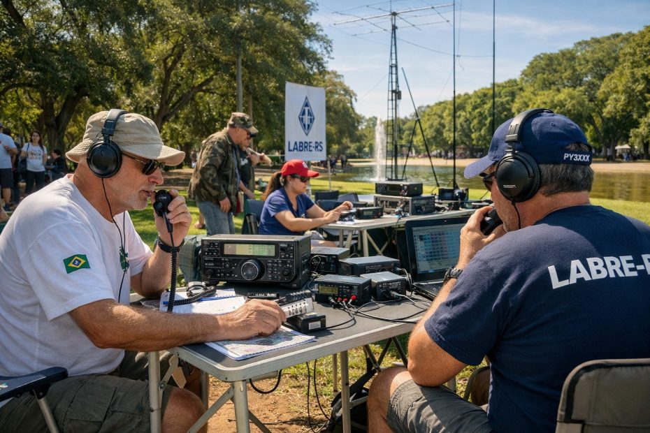 Grupo de radioamadores realiza demonstração de comunicação via rádio ao ar livre, com antenas e transceptores instalados em área verde.